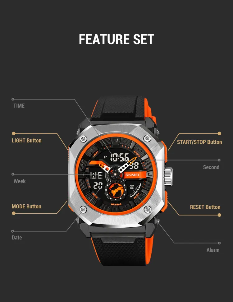 SKMEI 2272 Dual Time Steel case Men's Watch OrangeBlack thumbnail 3