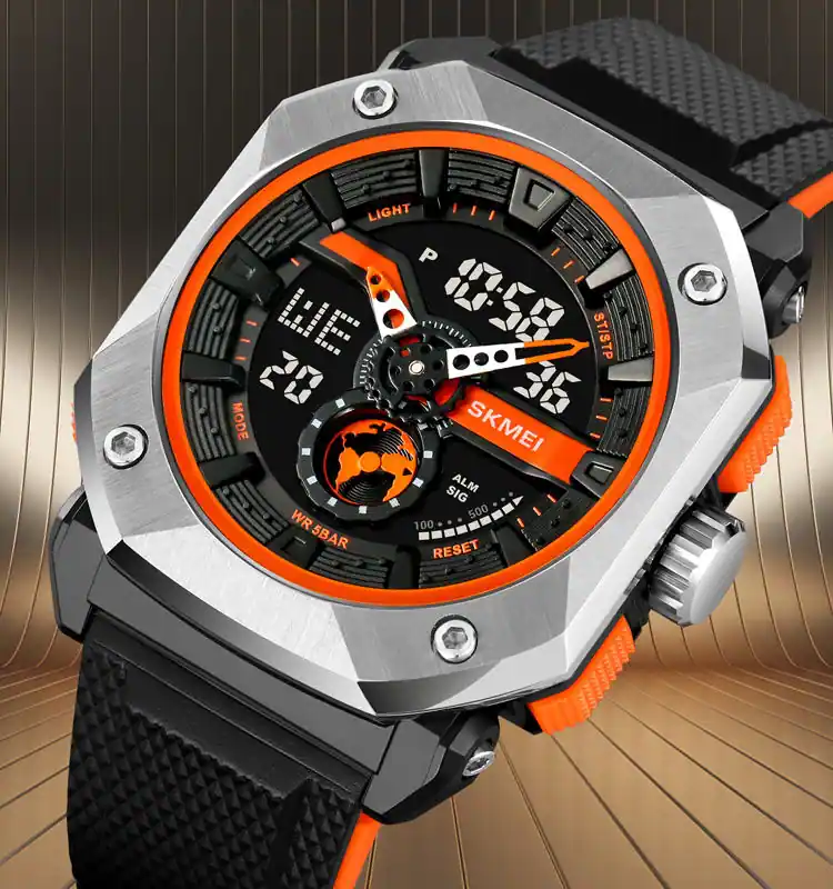 SKMEI 2272 Dual Time Steel case Men's Watch OrangeBlack thumbnail 2