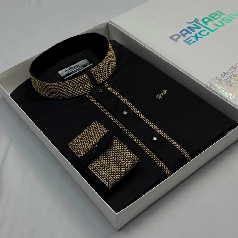 Super Comfortable Bamboo Cotton Embroidery Panjabi Black thumbnail 2
