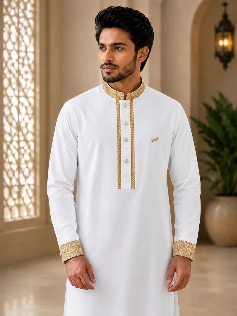 Super Comfortable Bamboo Cotton Embroidery Panjabi White