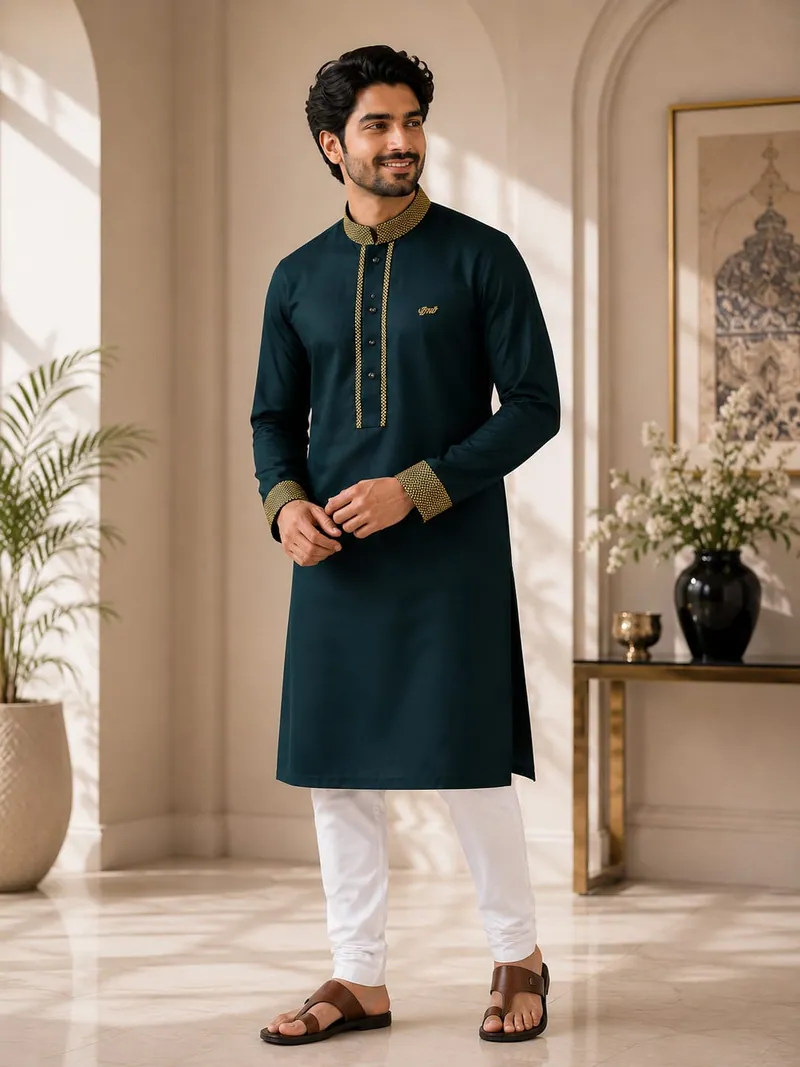Super Comfortable Bamboo Cotton Embroidery Panjabi SeaGreen