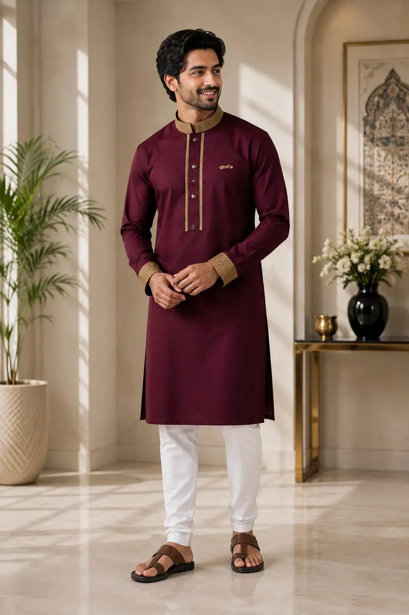 Super Comfortable Bamboo Cotton Embroidery Panjabi Maroon