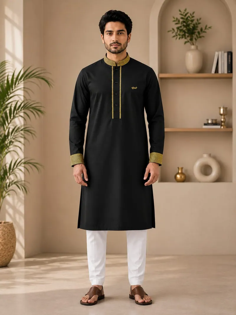 Super Comfortable Bamboo Cotton Embroidery Panjabi Black