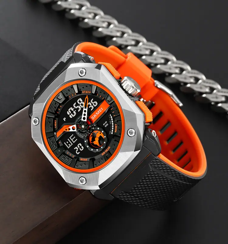 SKMEI 2272 Dual Time Steel case Men's Watch OrangeBlack thumbnail 5