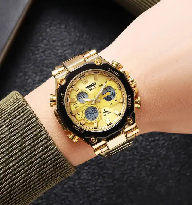 SKMEI 2210 DUAL TIME MEN'S WATCH GOLDEN thumbnail 2